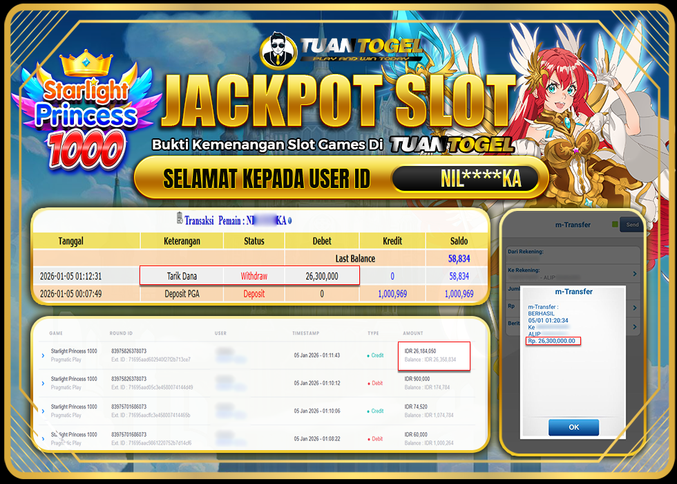 TUANTOGEL JACKPOT SLOT STARLIGHT PRINCESS 1000 Rp26.300.000,- LUNAS